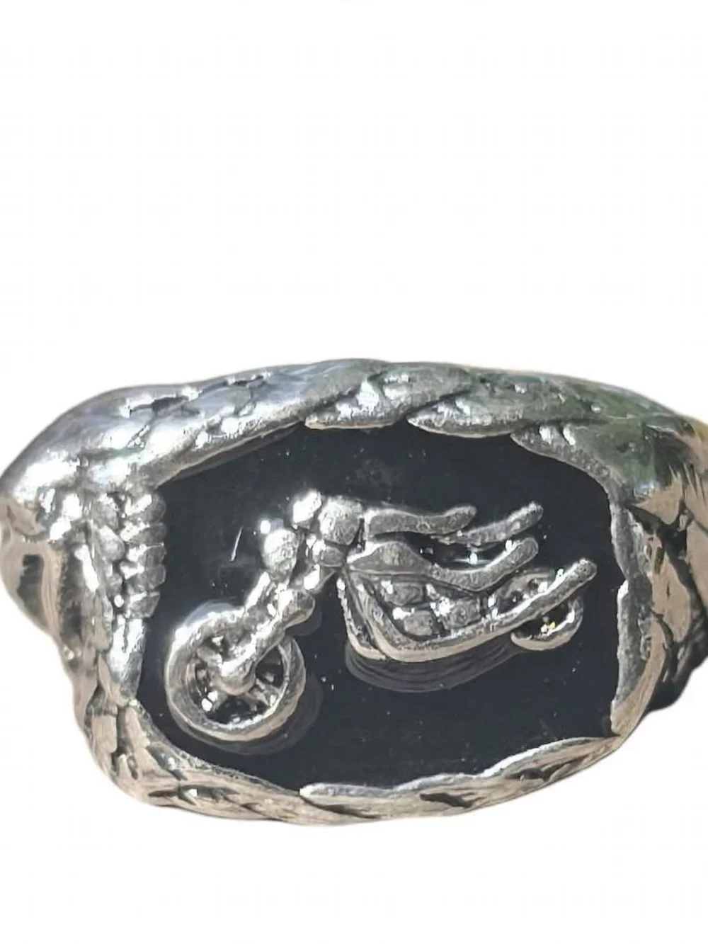 Men's Silver-Tone Black Onyx Motorcycle Signet Ring